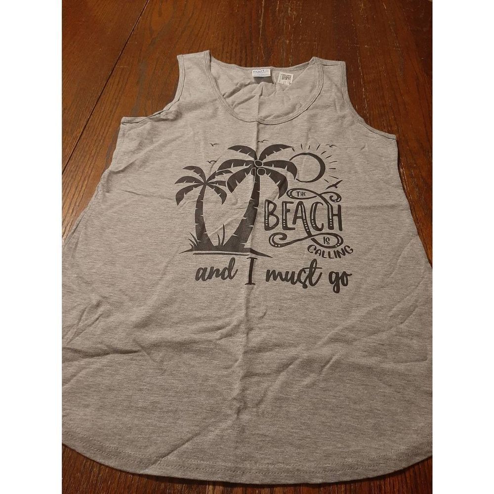 New Medium The Beach is Calling and I Must Go Sleeveless Grey Black Tank Top NWT